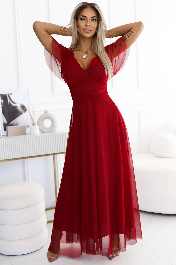 Numoco Basic 562-2 NASTIA Long dress with neckline and short sleeves - burgundy-Shangri-La Fashion