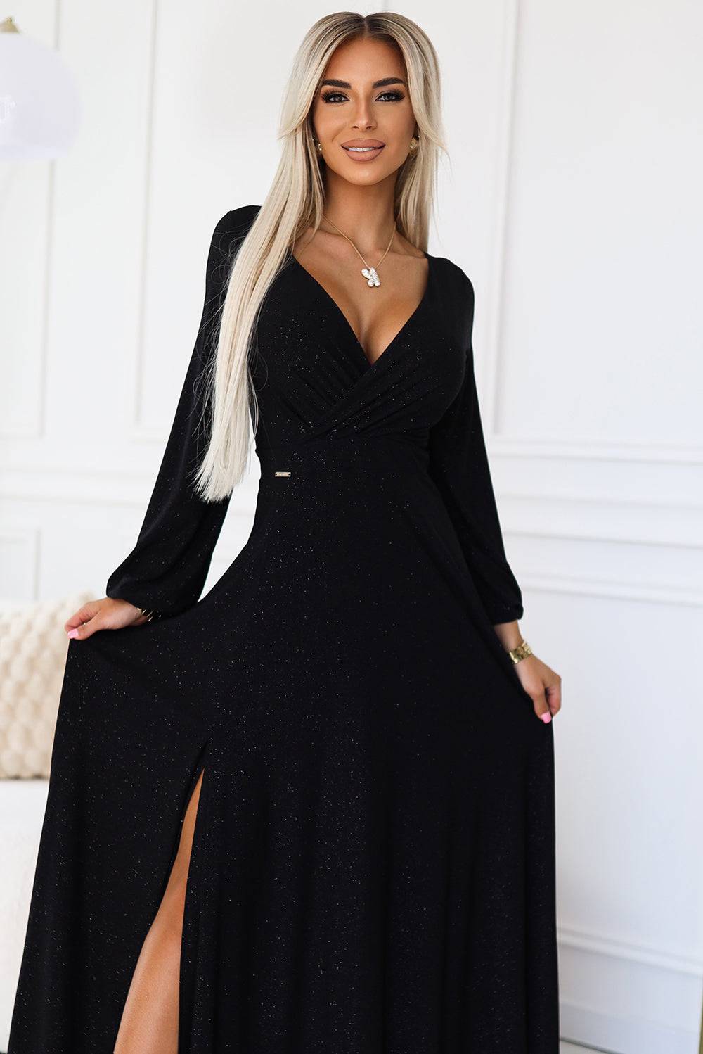 Numoco 572-2 NELA shiny long gown with neckline and long sleeves - black