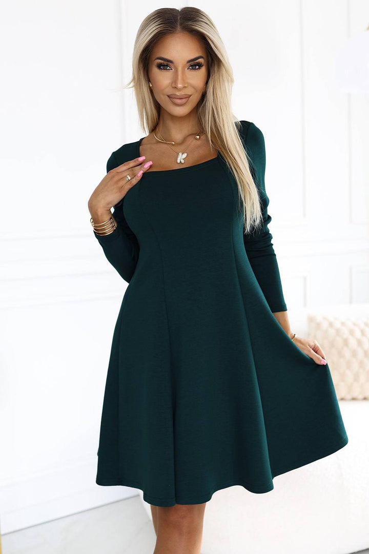 Numoco 574-1 IVANA comfortable trapeze dress with a neckline and long sleeves - green-Shangri-La Fashion