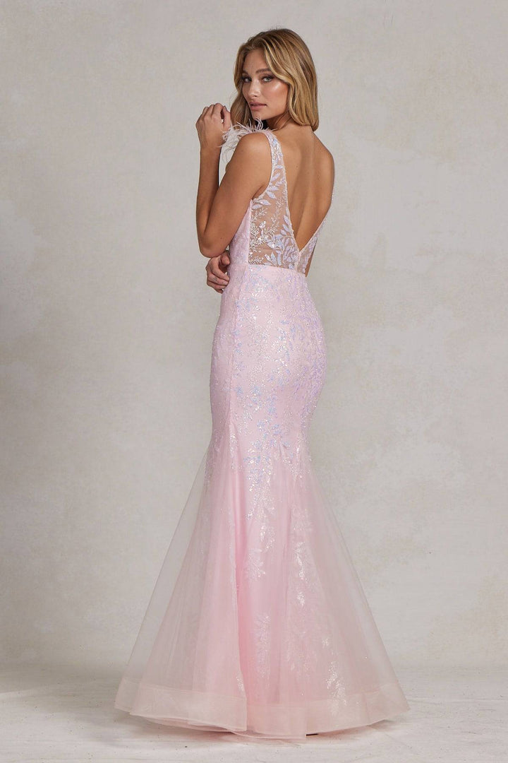 Illusion Sweetheart Straps Mermaid Feather Embellished Long Prom Dress NXT1208