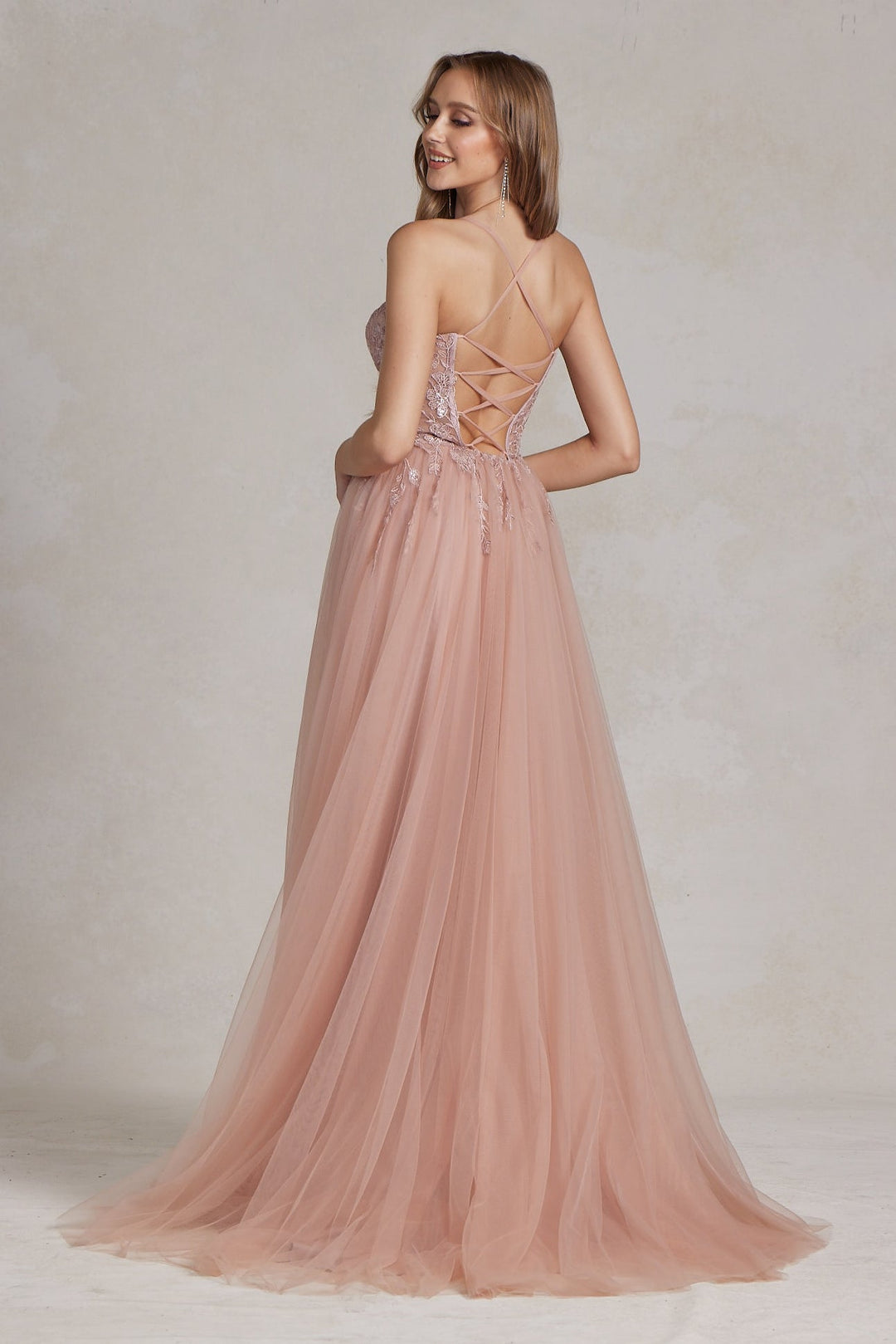 Embroidered Bodice Side Slit Tulle Skirt Long Prom Dress NXJ1089-4