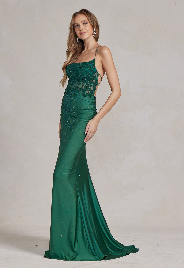 Mermaid Satin Embroidered Lace Square Neck Long Prom Dress NXE1186-4