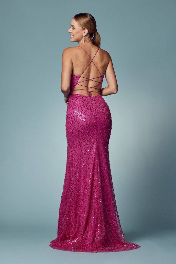 Open Criss Cross Back High Slit Embroidered Sequin Long Prom Dress NXR1031