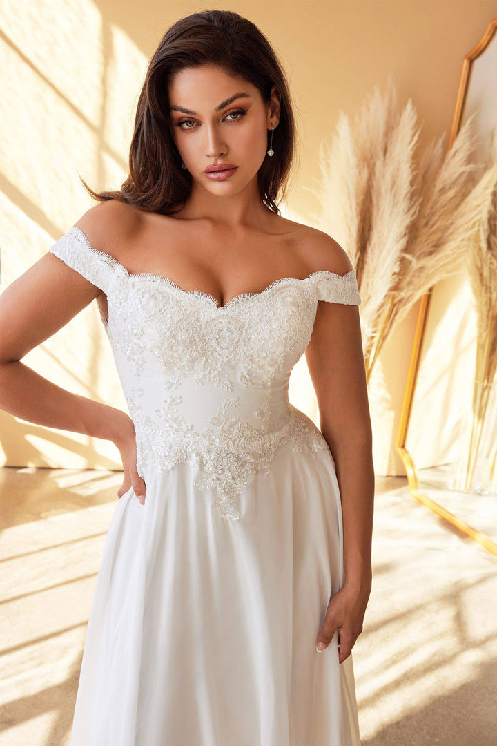 Off Shoulder Floral Bodice Appliqued Embroidered Top Cap Sleeves A-line Long Wedding Dress CD7258W