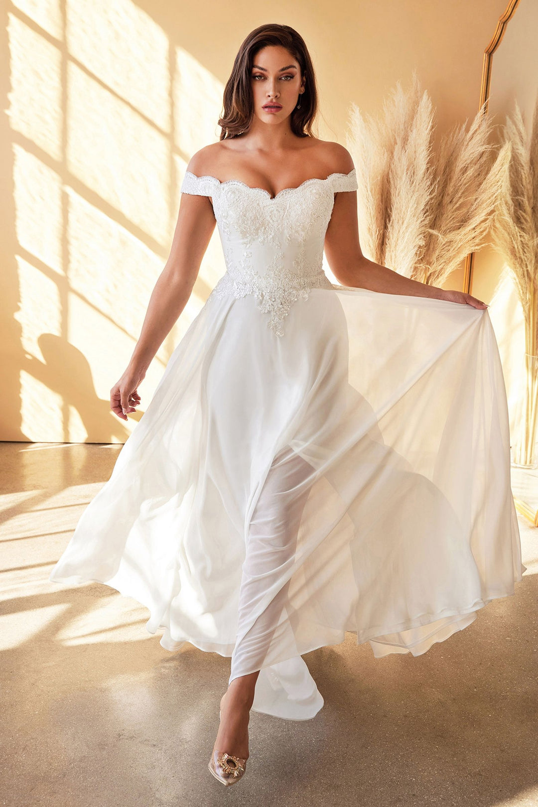 Off Shoulder Floral Bodice Appliqued Embroidered Top Cap Sleeves A-line Long Wedding Dress CD7258W-0