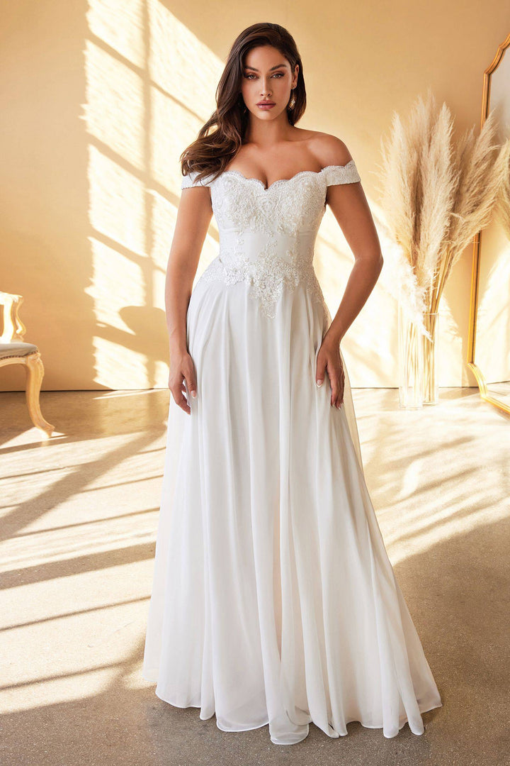 Off Shoulder Floral Bodice Appliqued Embroidered Top Cap Sleeves A-line Long Wedding Dress CD7258W