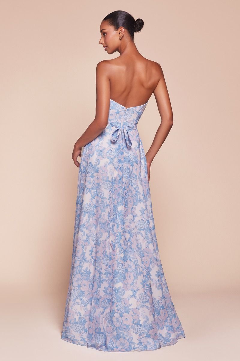 STRAPLESS A-LINE FLORAL SATIN DRESS CD7443-2