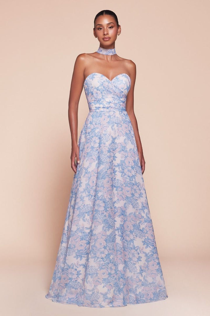 STRAPLESS A-LINE FLORAL SATIN DRESS CD7443-3