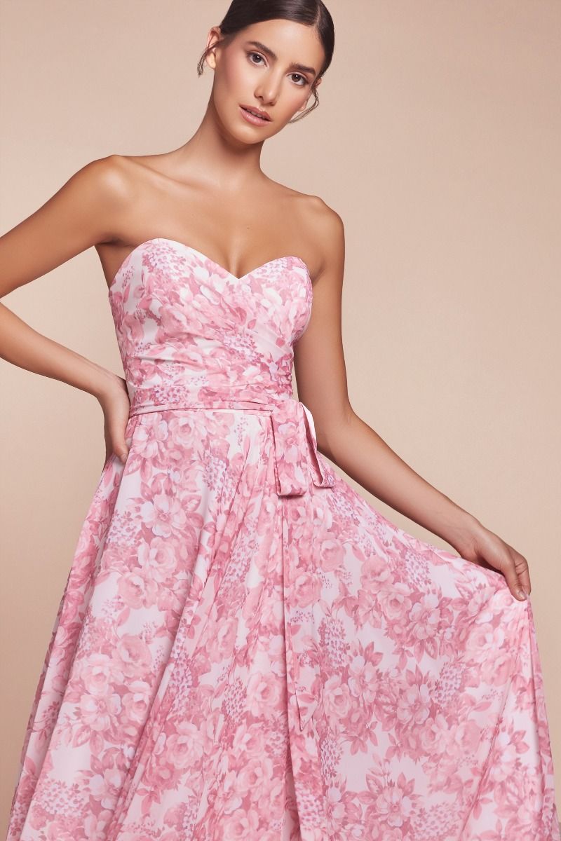 STRAPLESS A-LINE FLORAL SATIN DRESS CD7443-1