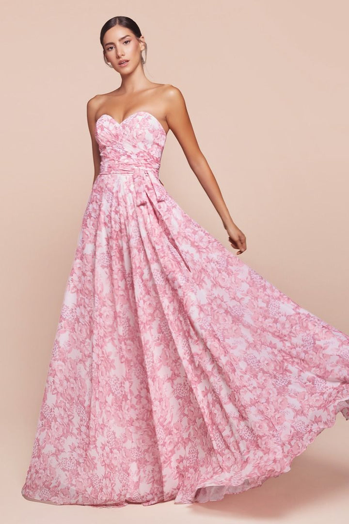 STRAPLESS A-LINE FLORAL SATIN DRESS CD7443-0