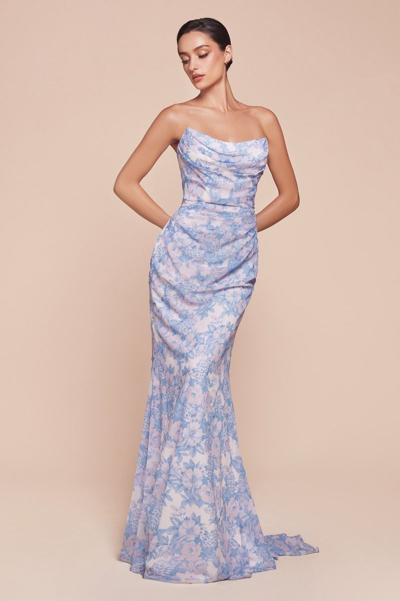 STRAPLESS FLORAL PRINTED SOFT SATIN DRESS CD7445-0