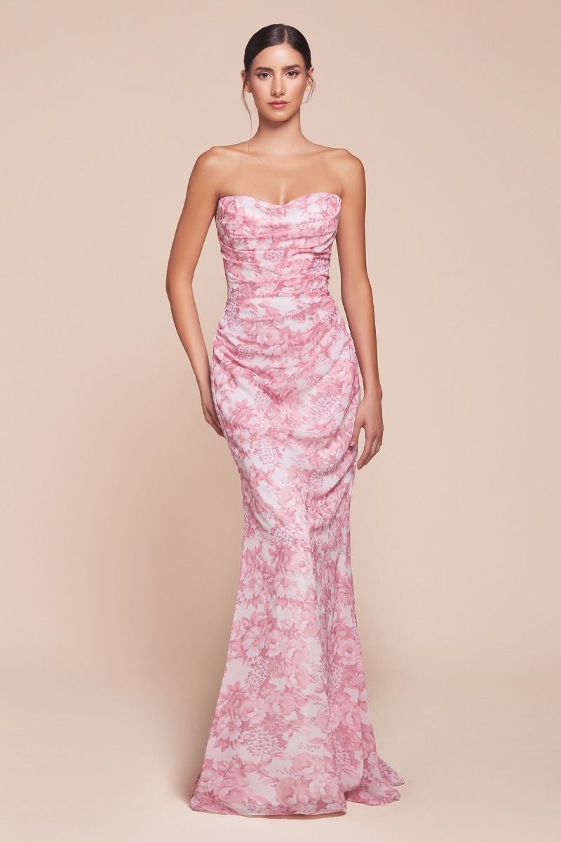 STRAPLESS FLORAL PRINTED SOFT SATIN DRESS CD7445-1