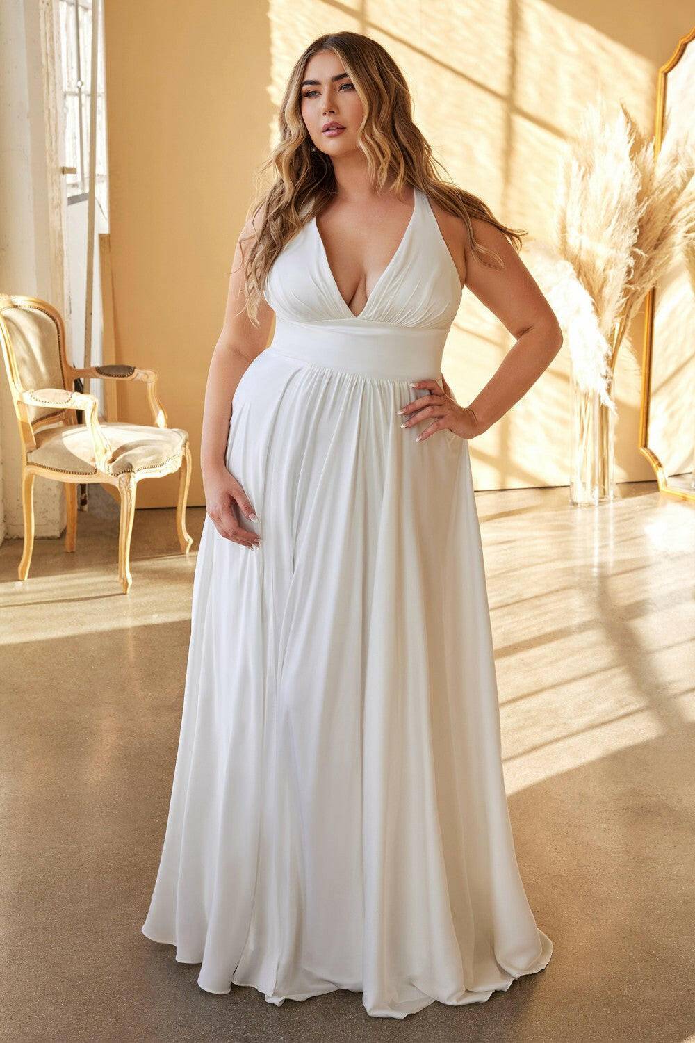 Plus Size A-Line Curvy Fitted Bodice V-Neck Long Wedding Dress CD7469WW-Shangri-La Fashion