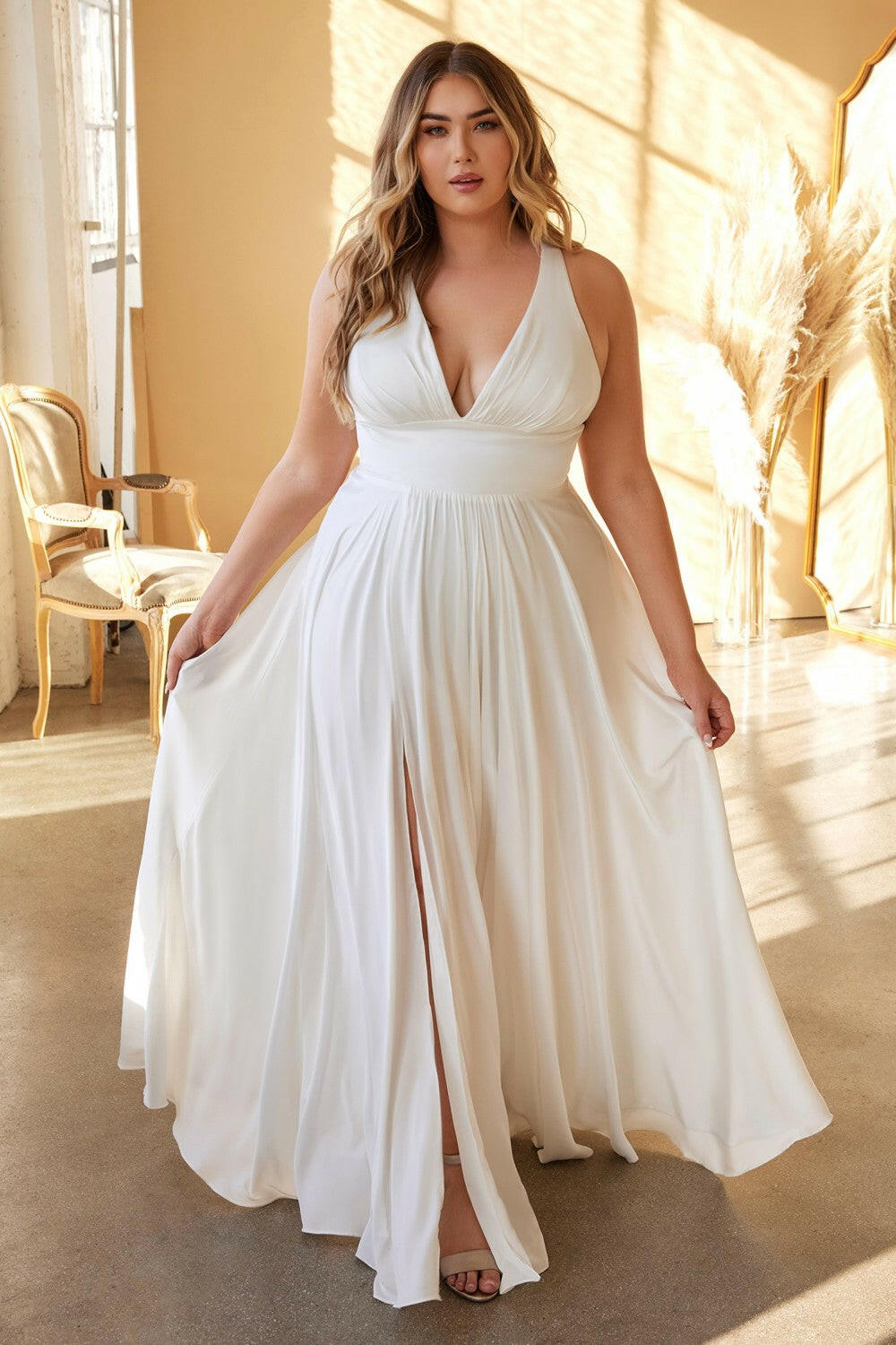 Plus Size A-Line Curvy Fitted Bodice V-Neck Long Wedding Dress CD7469WW-0