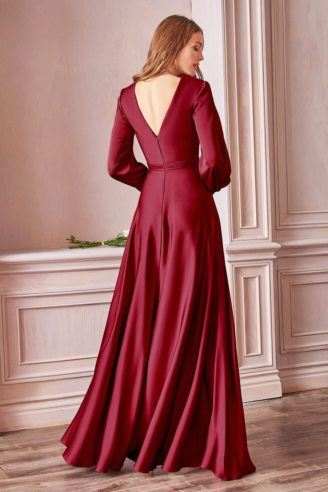 Satin V-Neckline Fitted on a waist A-Line Skirt Leg Slit Long Evening Dress