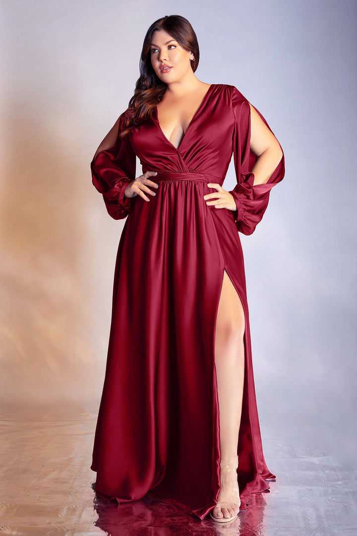 Curve Satin Plus Size A-line High Leg Slit Closed Shoulder Long Prom & Bridesmaid Dress CD7475C