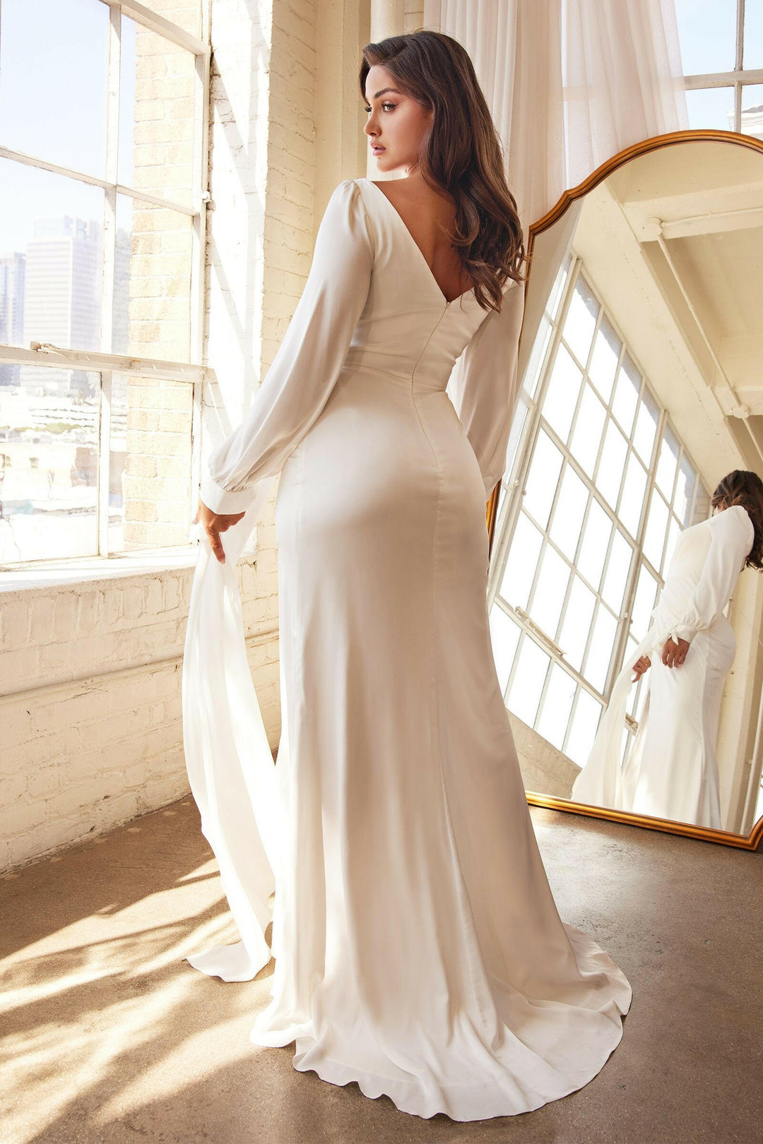 Wrap-Effect Long Sleeve Satin with a Leg Slit Long Wedding & Bridal Dress CD7478W-1