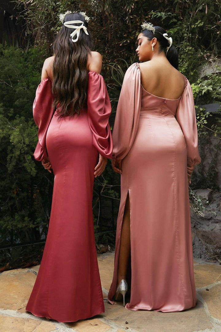 Long Sleeves OF or On Shoulder Soft Satin Long Prom & Bridesmaid Dress CD7482 Sale-Shangri-La Fashion