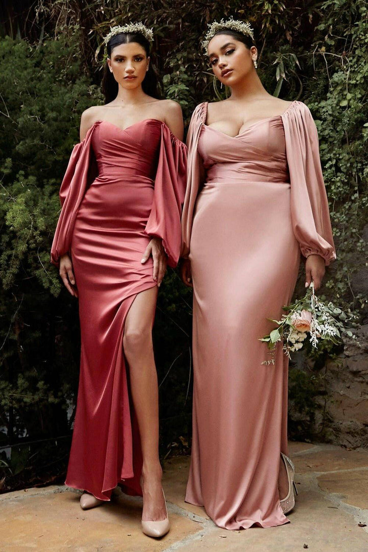 Long Sleeves OF or On Shoulder Soft Satin Long Prom & Bridesmaid Dress CD7482 Sale-Shangri-La Fashion