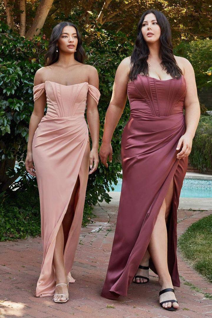 Satin Off the shoulder Laced Corset Wrapped Waist High Leg Slit Long Prom & Evening Dress CD7484C