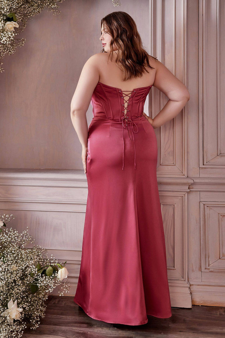 Satin Off the shoulder Laced Corset Wrapped Waist High Leg Slit Long Prom & Evening Dress CD7484C