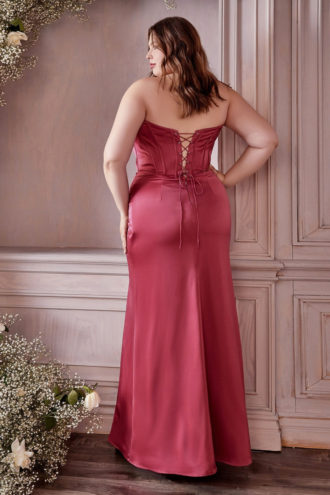 Satin Off the shoulder Laced Corset Wrapped Waist High Leg Slit Long Prom & Evening Dress-4