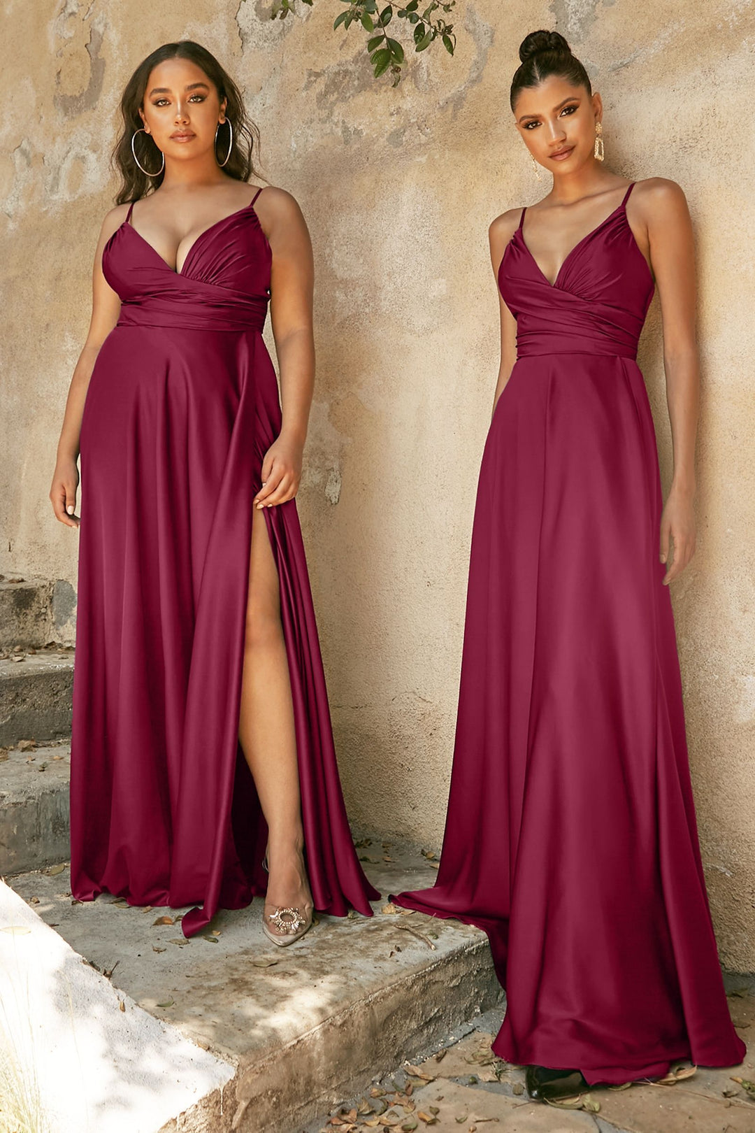 Satin A-line Deep V-Neckline Wrapped Bodice Open Back Long Prom & Bridesmaid Dress CD7485C-3