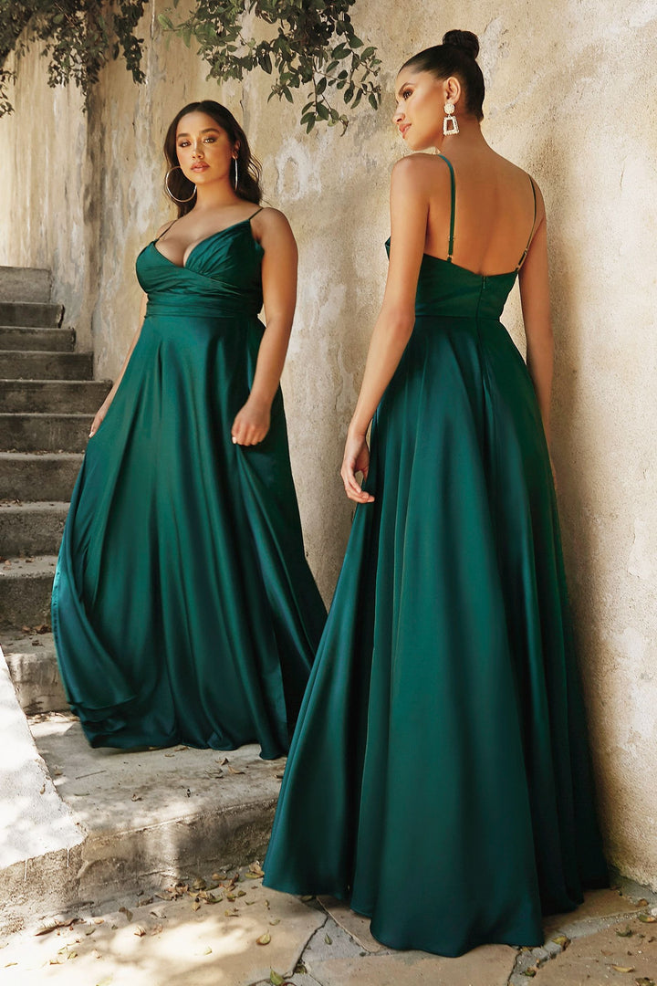 Satin A-line Deep V-Neckline Wrapped Bodice Open Back Long Prom & Bridesmaid Dress CD7485C-7