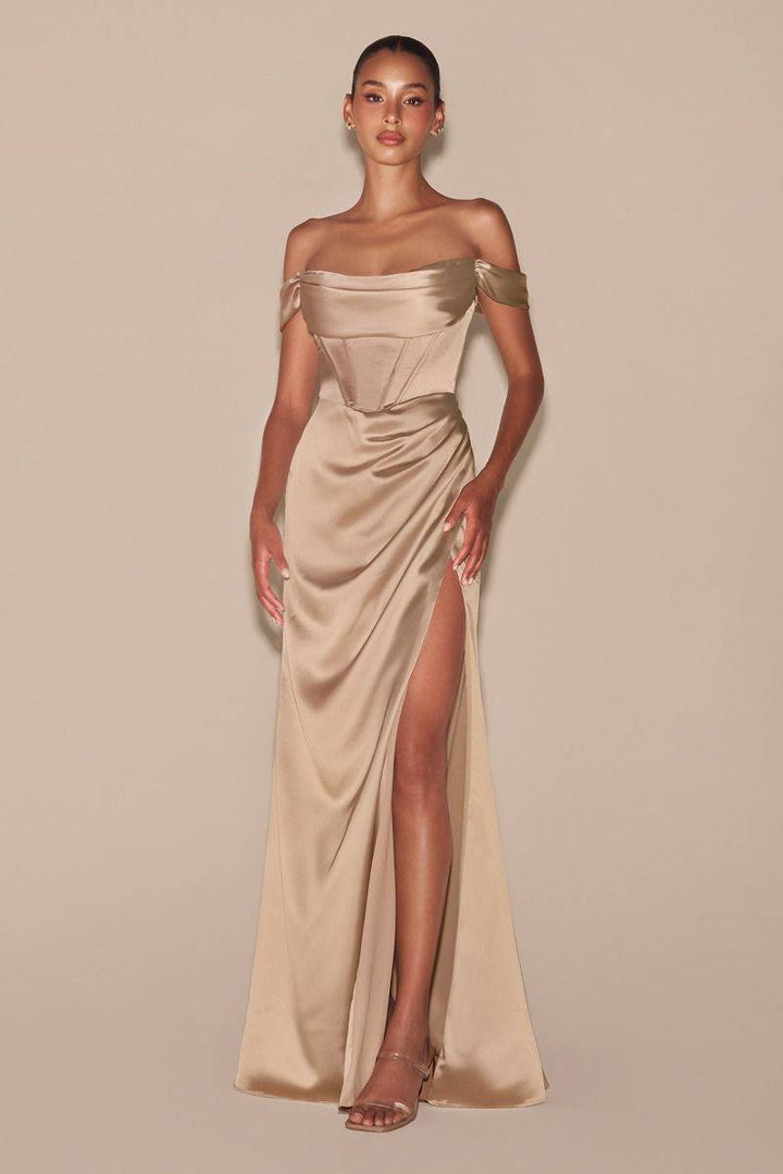 Off The Shoulder Cowl Neck Corset Satin Luxury Plus Size Long Prom & Bridesmaid Dress CD7492C