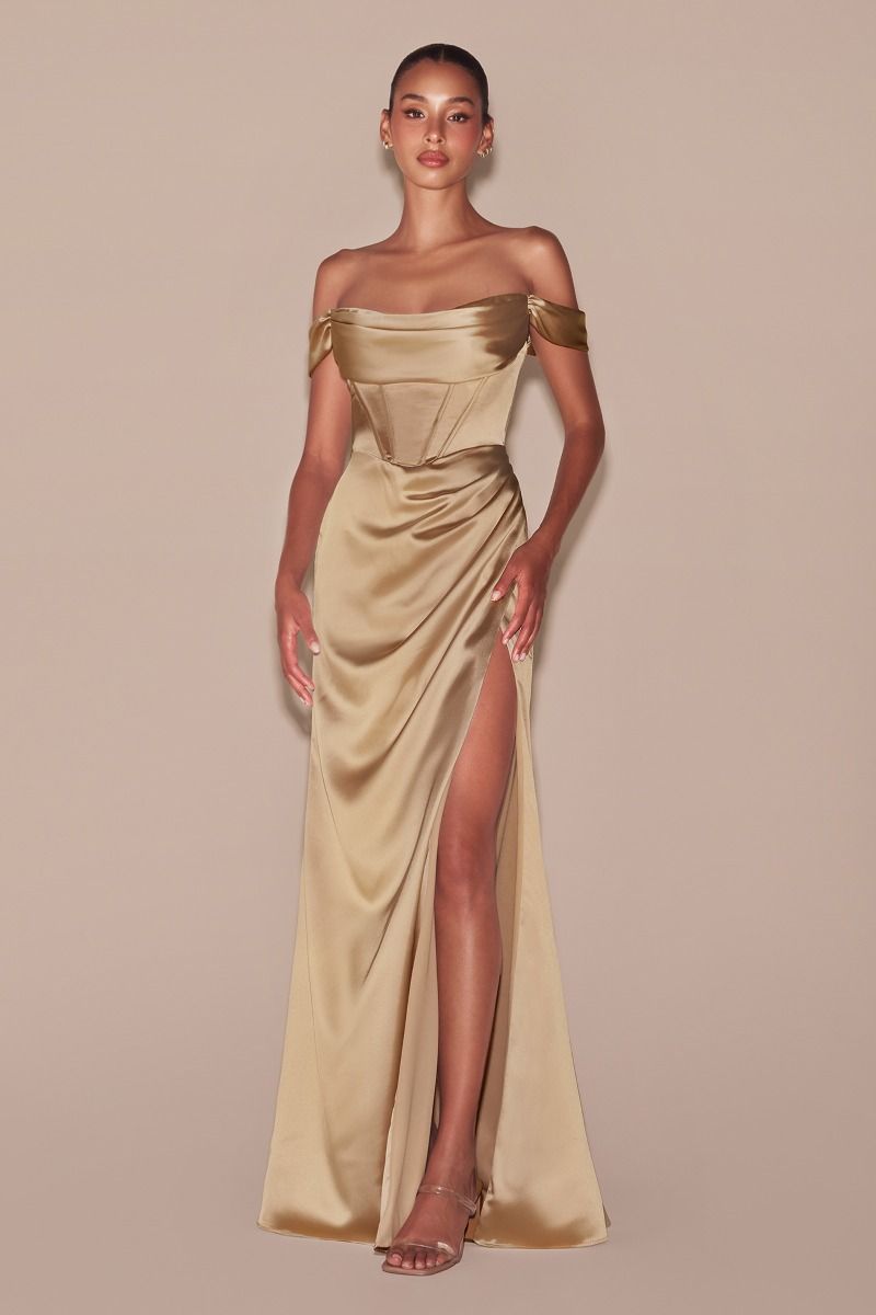 Off The Shoulder Cowl Neck Corset Satin Long Prom & Bridesmaid Dress CD7492-1