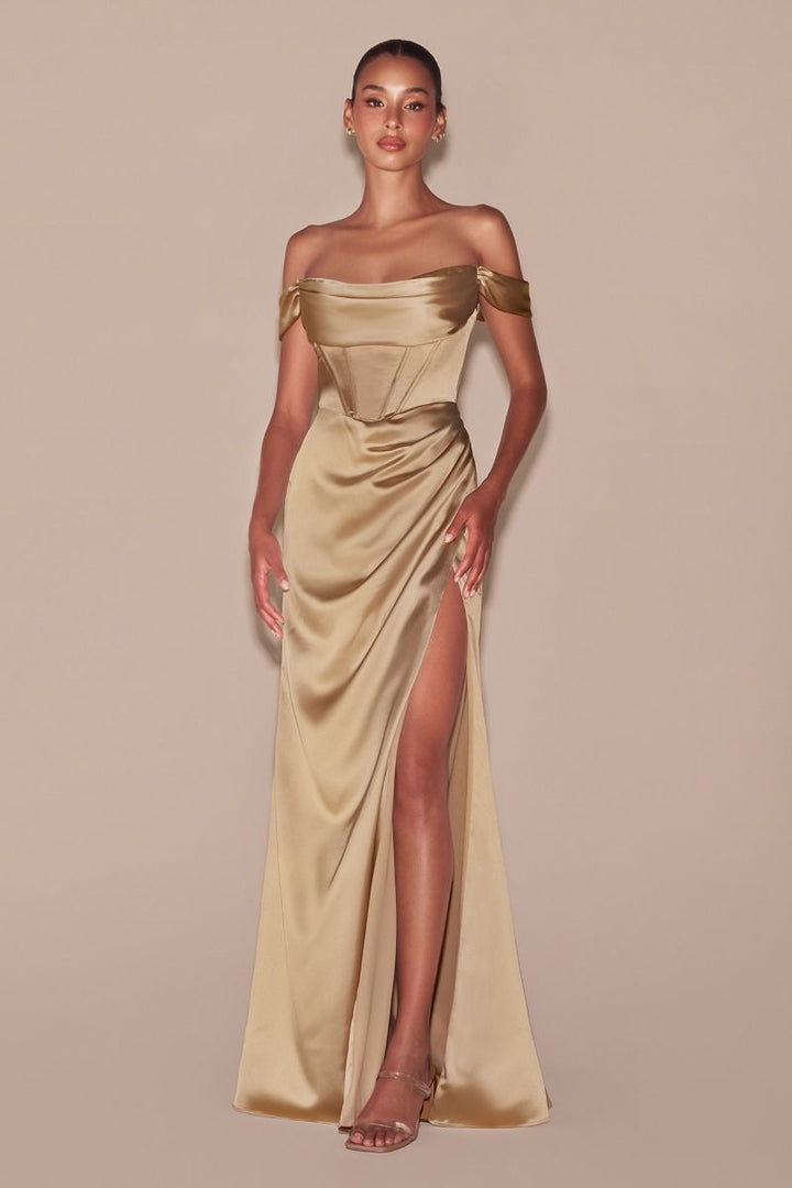 Off The Shoulder Cowl Neck Corset Satin Long Prom & Bridesmaid Dress CD7492-1