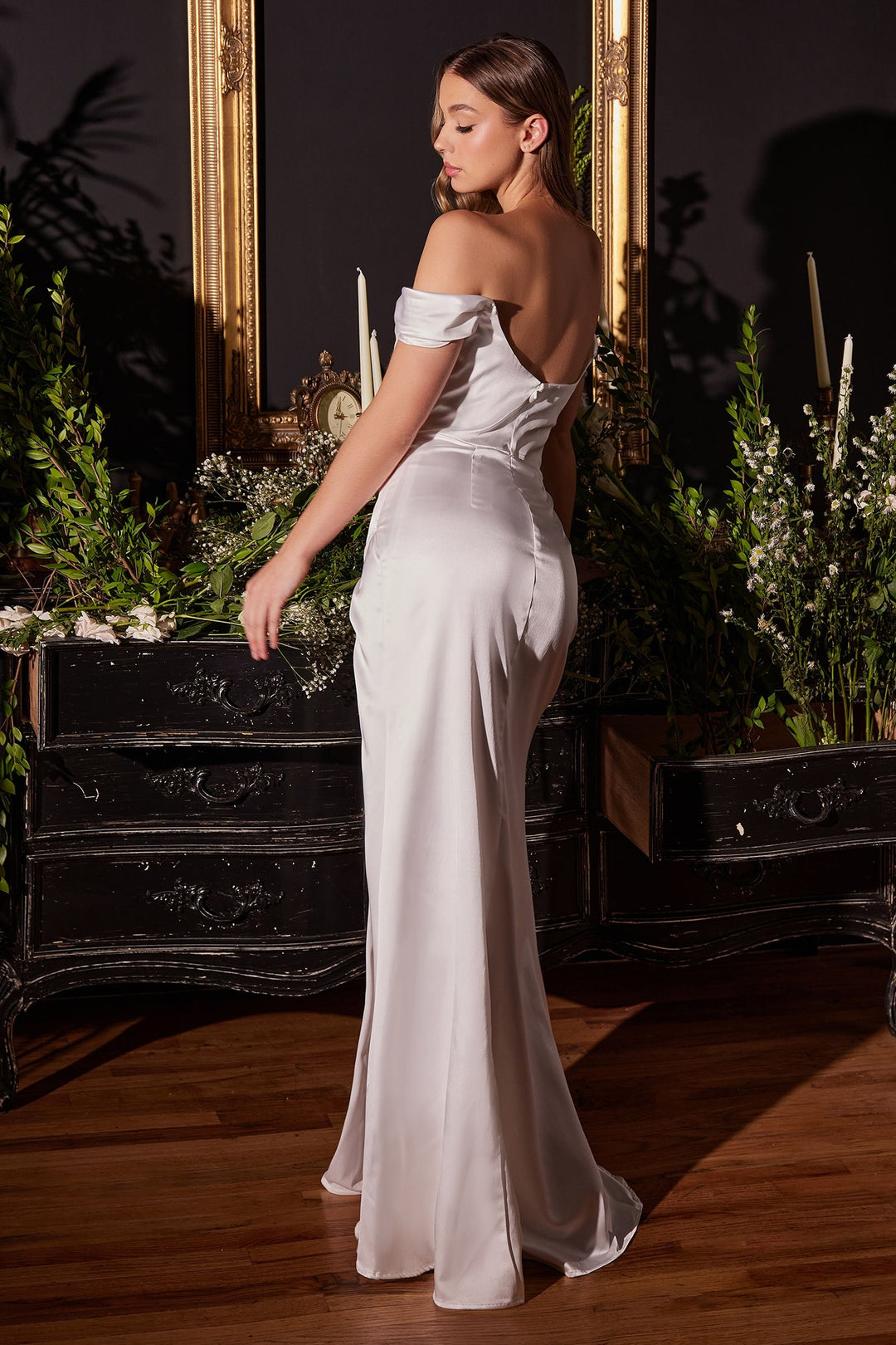 Satin Off Shoulder Corset Side Slit Straps Cowl Neck Long Wedding Dress CD7492W-1