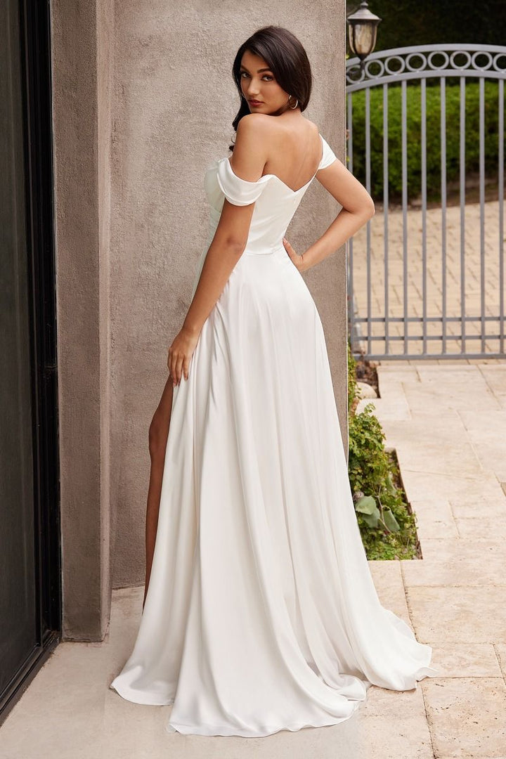 Soft Satin Off The Shoulder Side Slit A-Line Long Wedding Dress CD7493WC-1