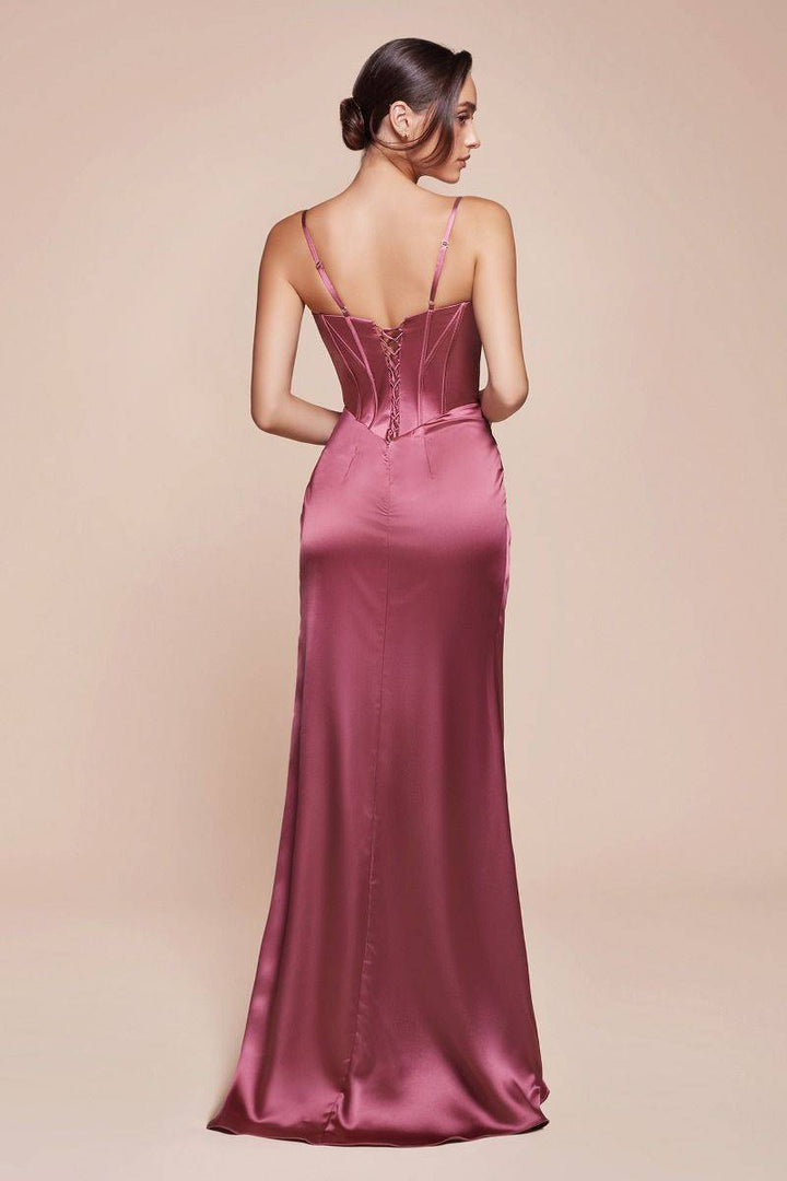 Fitted Satin Bustier Draped Side Slit Long Evening Dress CD7495