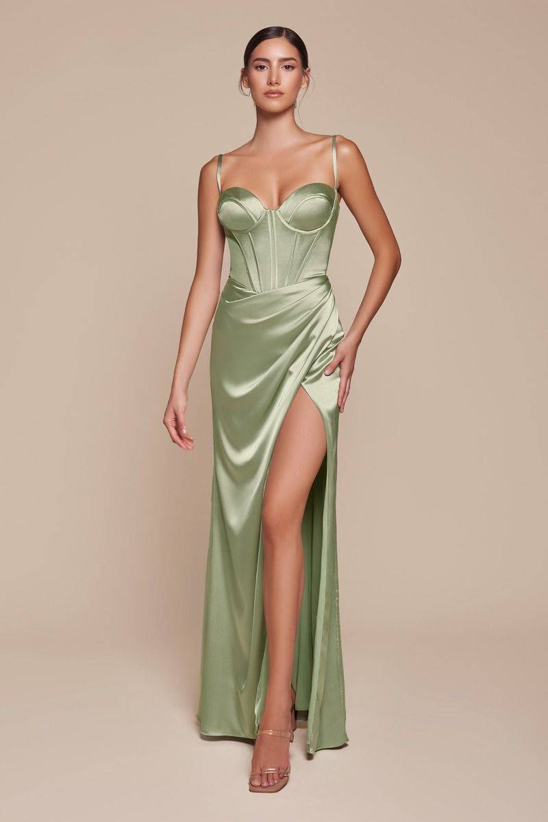 Fitted Satin Bustier Draped Side Slit Long Evening Dress CD7495