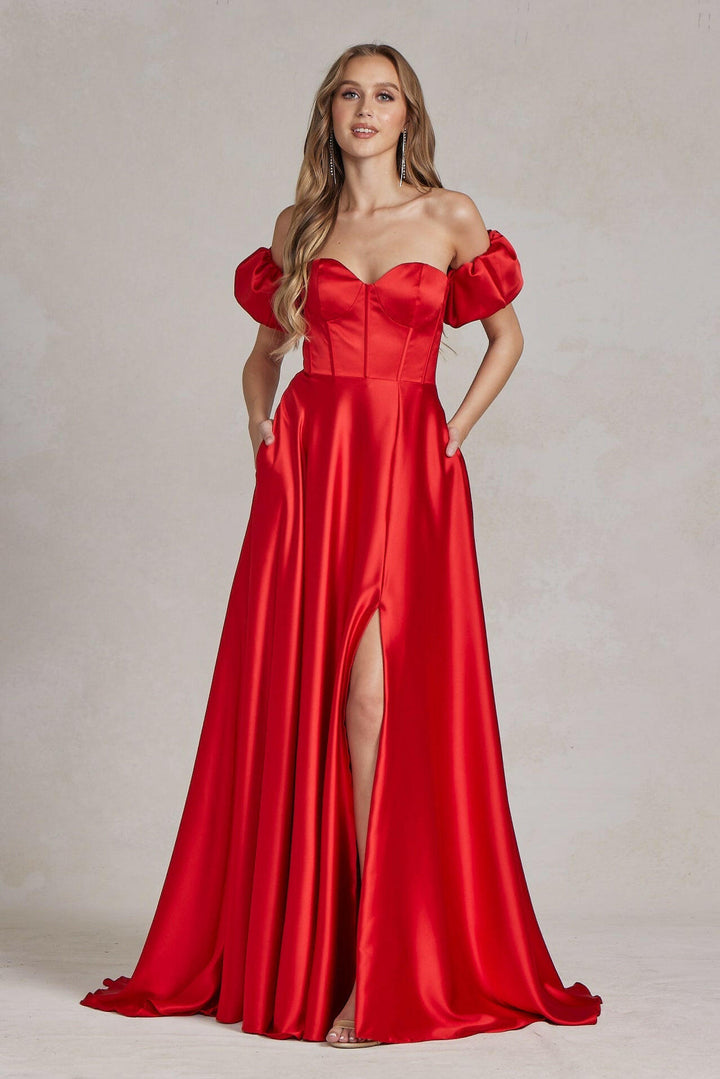 Off Shoulder Sweetheart Satin Side Slit Long Prom Dress NXK1122-6