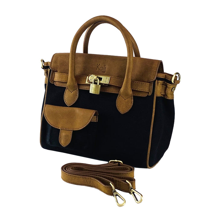 K0042ACB | Mini Handbag in Canvas/Genuine Leather Made in Italy. Removable shoulder strap. Attachments with metal snap hooks in Antique Brass - Black color - Dimensions: 24 x 20 x 12 cm-0