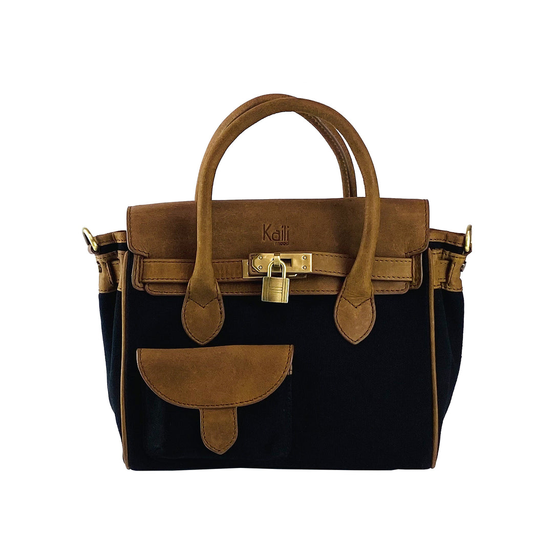 K0042ACB | Mini Handbag in Canvas/Genuine Leather Made in Italy. Removable shoulder strap. Attachments with metal snap hooks in Antique Brass - Black color - Dimensions: 24 x 20 x 12 cm-1