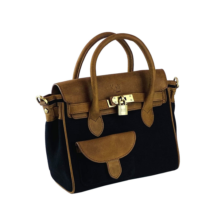 K0042ACB | Mini Handbag in Canvas/Genuine Leather Made in Italy. Removable shoulder strap. Attachments with metal snap hooks in Antique Brass - Black color - Dimensions: 24 x 20 x 12 cm-2