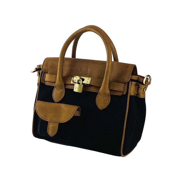 K0042ACB | Mini Handbag in Canvas/Genuine Leather Made in Italy. Removable shoulder strap. Attachments with metal snap hooks in Antique Brass - Black color - Dimensions: 24 x 20 x 12 cm-3