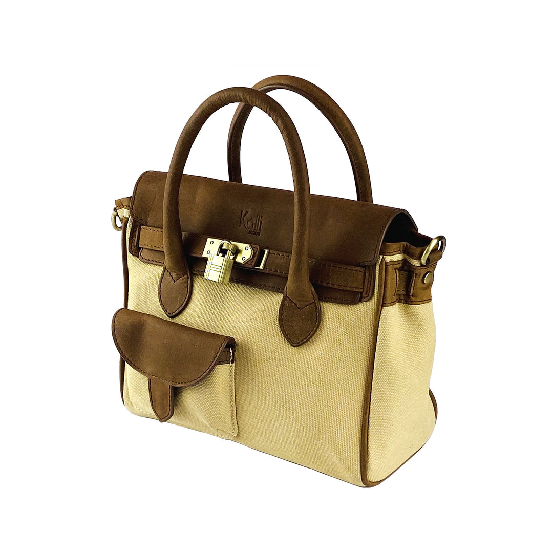 K0042ALCB | Mini Handbag in Canvas/Genuine Leather Made in Italy. Removable shoulder strap. Attachments with metal snap hooks in Antique Brass - Rope color - Dimensions: 24 x 20 x 12 cm-3