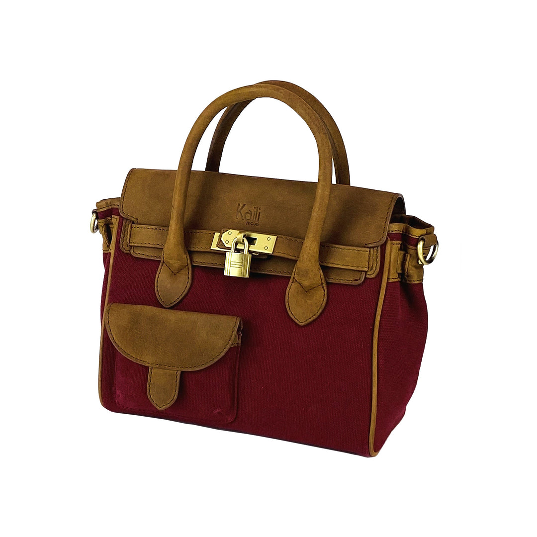 K0042XCB | Mini Handbag in Canvas/Genuine Leather Made in Italy. Removable shoulder strap. Attachments with metal snap hooks in Antique Brass - Bordeaux color - Dimensions: 24 x 20 x 12 cm-3