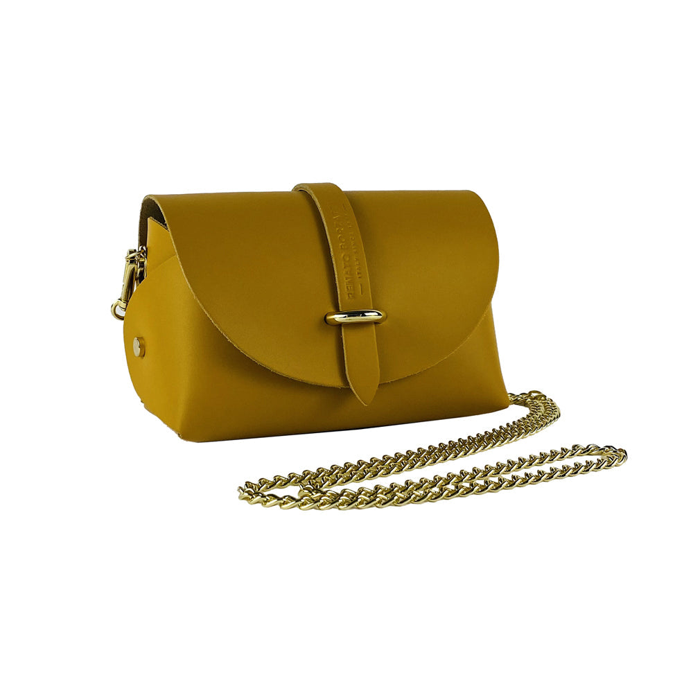 RB1001AR | Small bag with removable shoulder strap and shiny gold metal closure loop - Mustard color-0