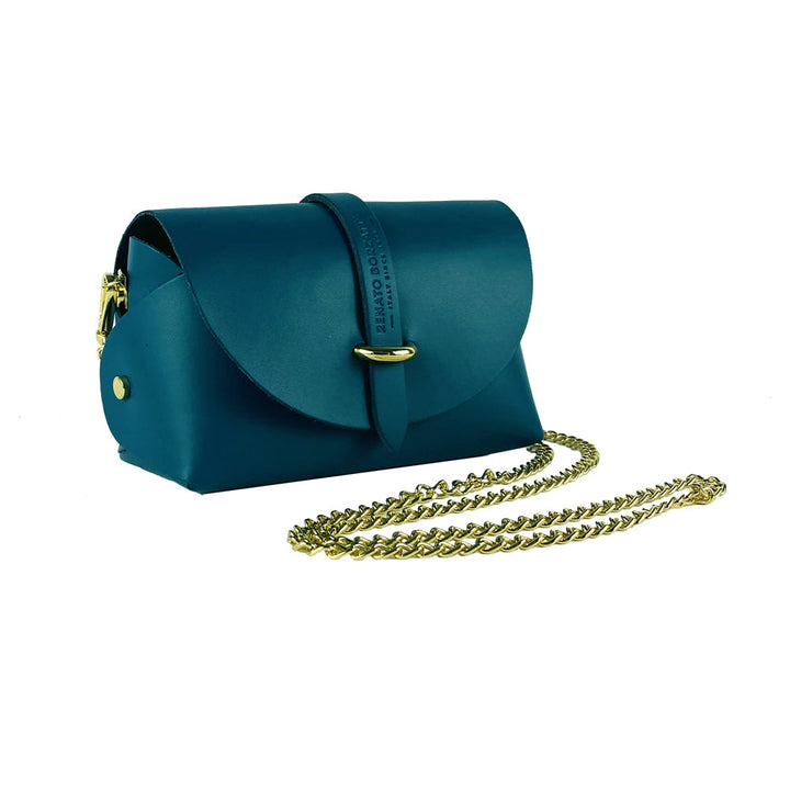 RB1001BZ | Small bag with removable shoulder strap and shiny gold metal closure loop - Teal color -0