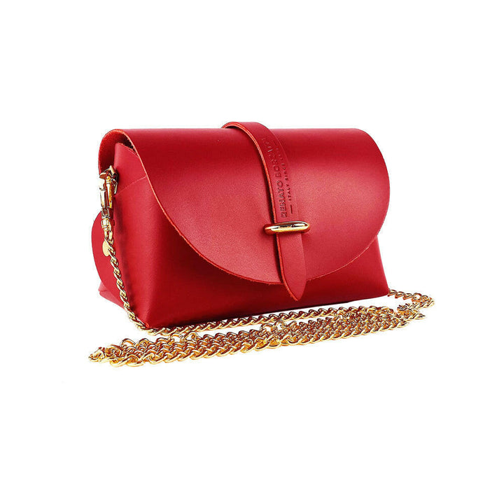 Small bag in genuine leather Made in Italy with removable shoulder strap and shiny gold metal closure loop - Red color -0