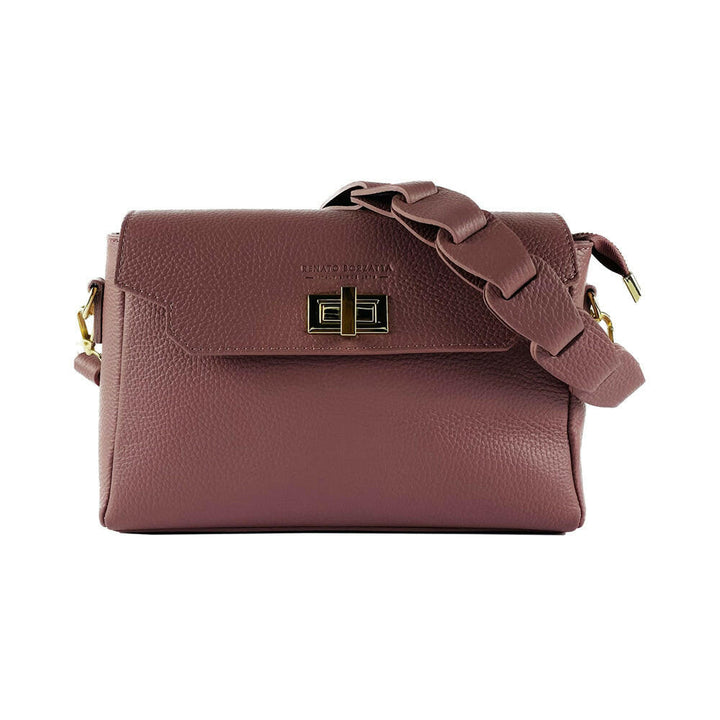 RB1003AZ | Genuine Leather Shoulder Bag with removable braided shoulder strap and attachments with shiny gold metal snap hooks - Antique Pink color-4