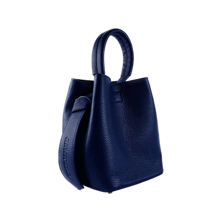 RB1006D | Bucket Bag with Clutch in Genuine Leather with shiny gold metal lobster clasp attachments - Blue color-0