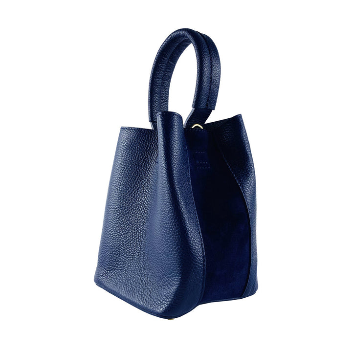 RB1006D | Bucket Bag with Clutch in Genuine Leather with shiny gold metal lobster clasp attachments - Blue color-2