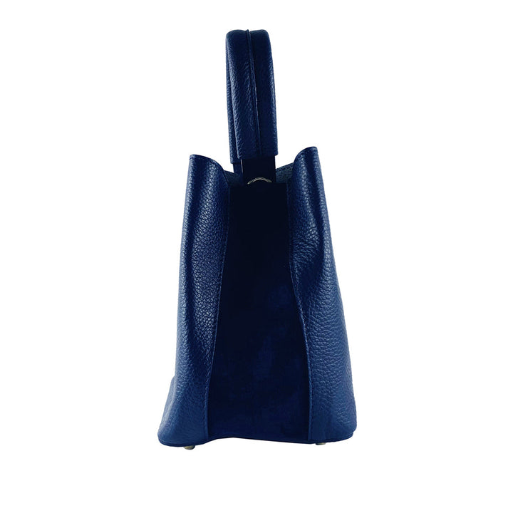 RB1006D | Bucket Bag with Clutch in Genuine Leather with shiny gold metal lobster clasp attachments - Blue color-3