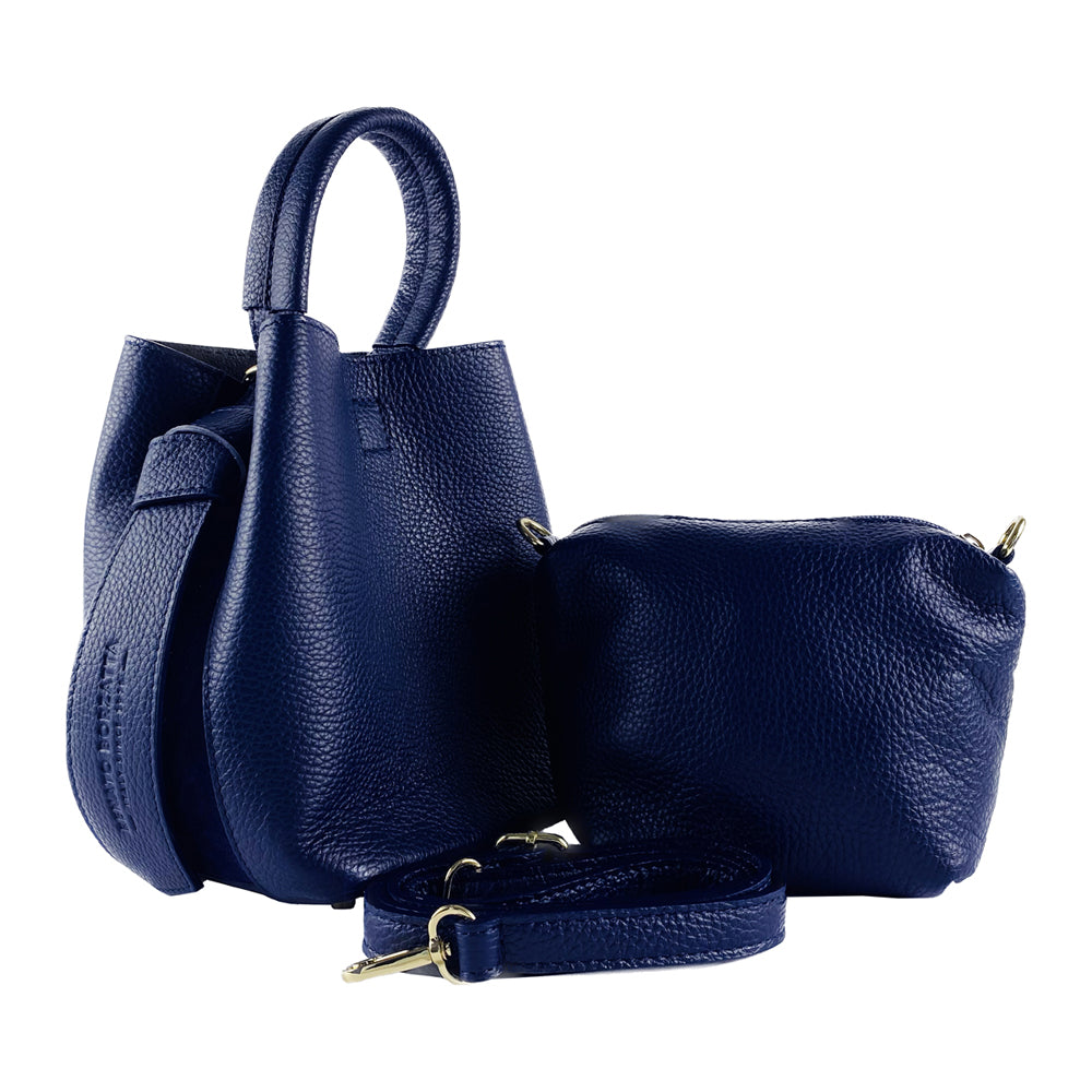 RB1006D | Bucket Bag with Clutch in Genuine Leather with shiny gold metal lobster clasp attachments - Blue color-4